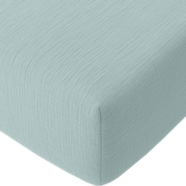 Drap housse 140x190 cm gaze de coton lavé bleu givrée de qualité supérieure