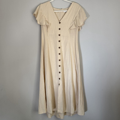 Beige Linen Woven A-Line Midi Dress V-Neck Cap flutter Sleeve 6 cottage core