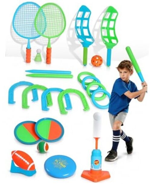 Outdoor Toys for Kids Ages 4-8, 8-in-1 Backyard Games Set with Multiple Sports