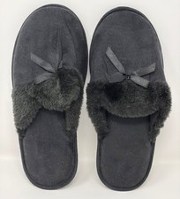 Women's Black Faux Fur Bow Slide Slippers Open Toe Plush Lined Size XL 11-12