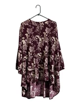 Cato Womens Plus 26/28W Burgundy Floral Top Blouse Tunic High Low