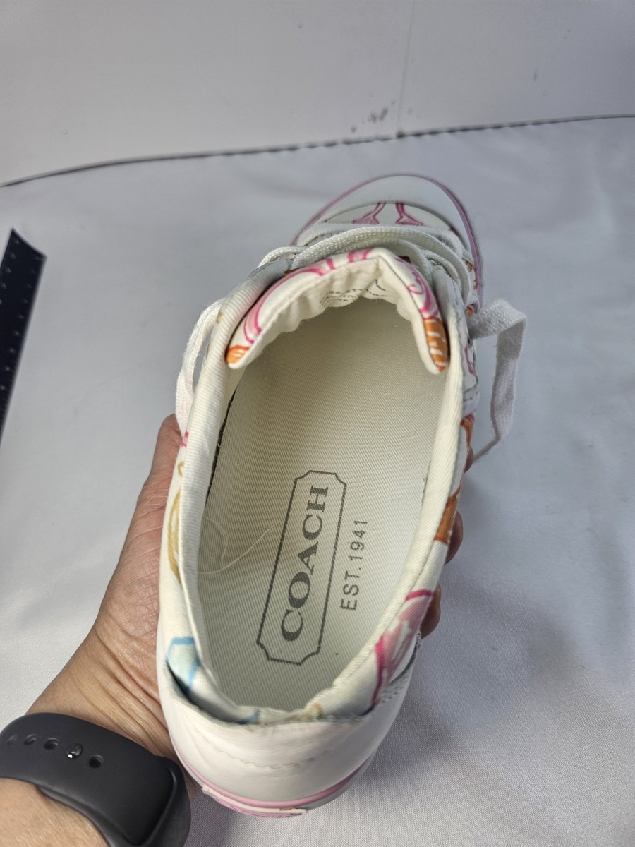 Coach Low Top Lace Up Sneakers White Multicolor Pink Floral Rubber Sole View 4
