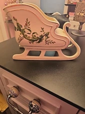 Holiday Sleigh Ivory Porcelain Candy Dish Planter Centerpiece Holly Gold Trim