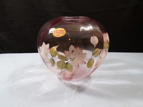 Fenton Hand Painted Pink Glass Vase - Whitish Pinkish Floral Design