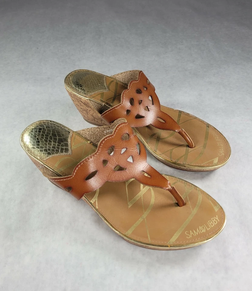 SAM & LIBBY Mujer Cuero Marrón Corcho Cuña Tacones Zapatos Sandalia Talla 9 Foto 2 de 4