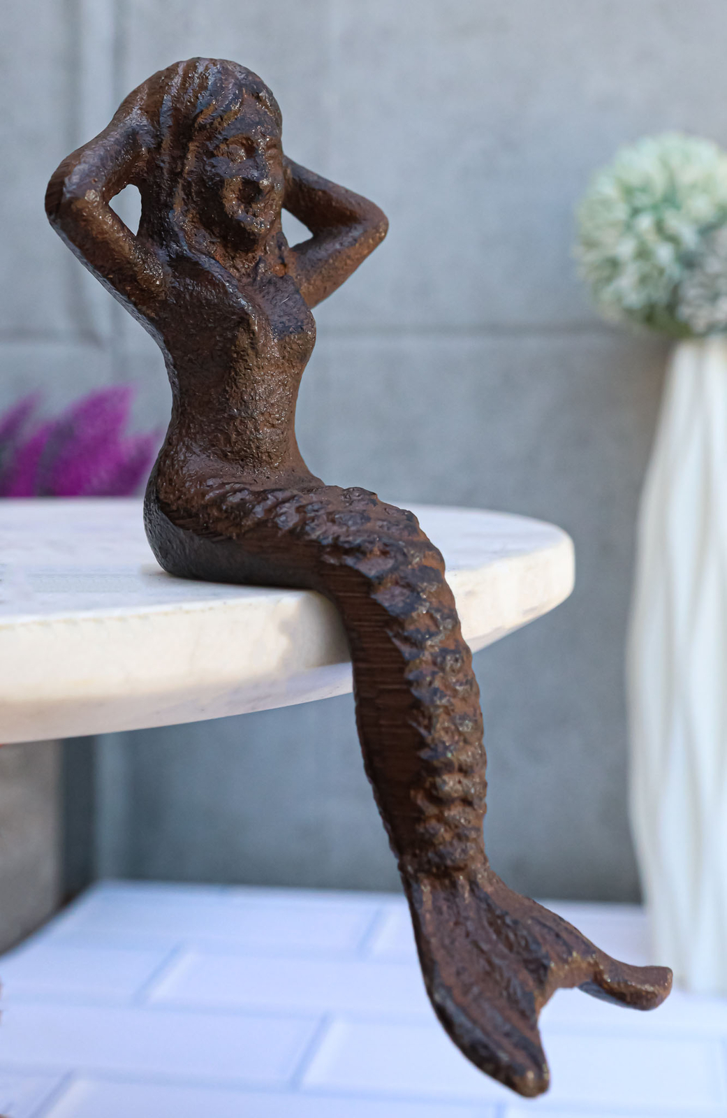 Small Nautical Siren Mermaid Venus Making Up Hair Cast Iron Rustic Sculpture