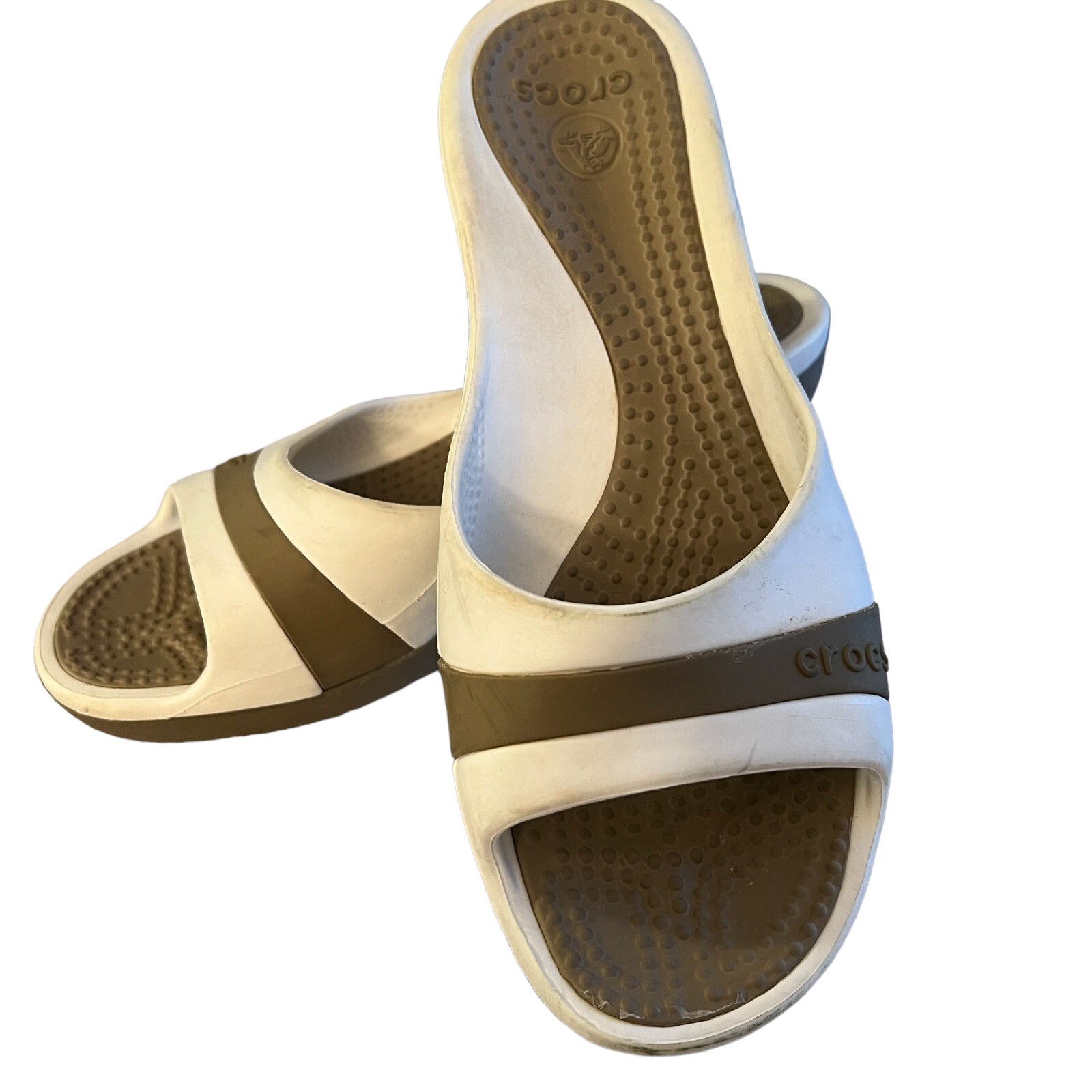 Crocs Womens Slip On Wedge Sandals White Tan Size 8 | eBay