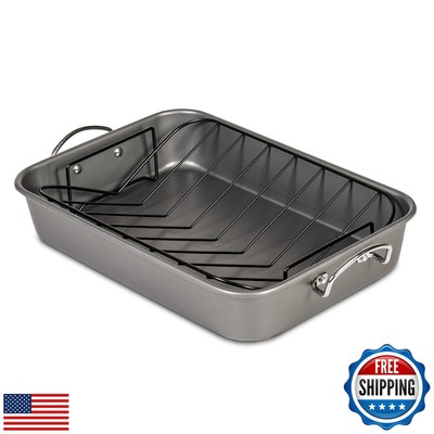 Glad Roasting Pan Nonstick 11x15 - Heavy Duty Metal Bakeware Dish with Rack -