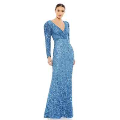 Mac Duggal 5510 Blue Women's Sequined Wrap Over Puff Long Sleeve Gown Size 4