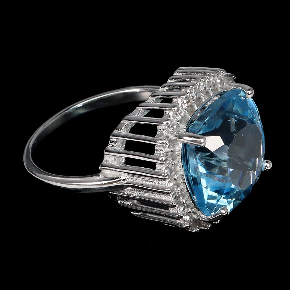 925 Anello Argento Sterling Cuscino Topazio 12mm Zircone Naturale Gemma Taglia 9 - Immagine 3 di 4