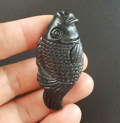 Carved fish black natural jade stone pendant,Chinese ancient jade amulet bead B1