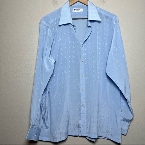 Courreges Homme Paris France Men Silk Dress Shirt Large Blue Geometric