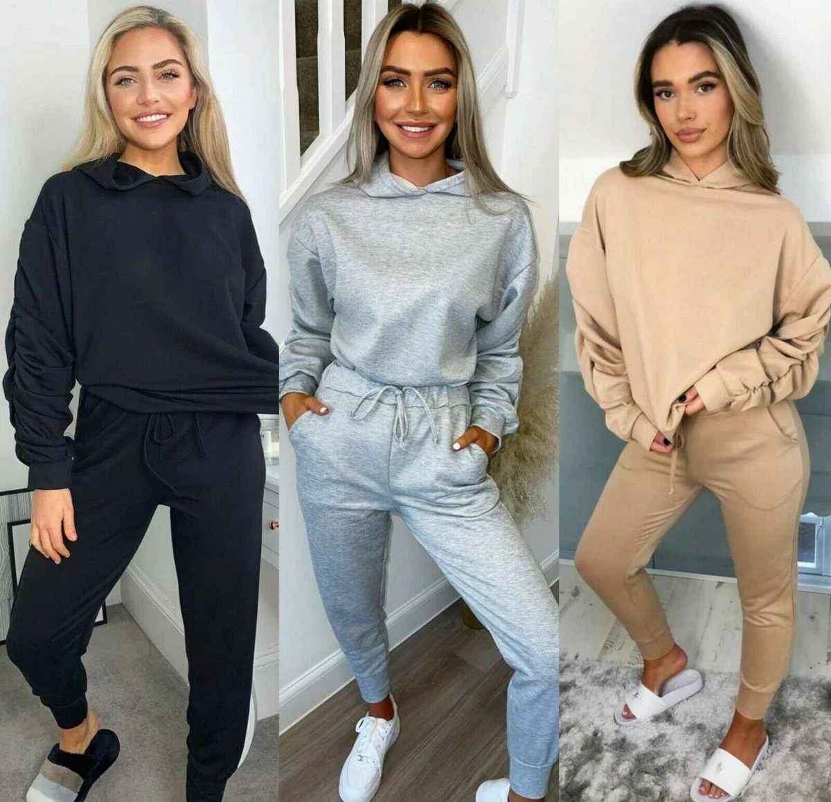 Womens Ruched Sleeve Hooded Tracksuit Ladies Lounge Wear Two Piece Jogging  Set