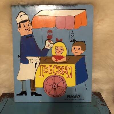 Vintage Playskool Ice Cream Man Wooden Puzzle Missing 1 Leg Piece 