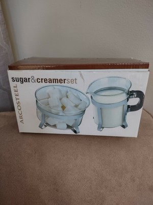 French Press Sugar & Creamer Arcosteel Glass & Chrome Footed Set of 2 BRAND NEW