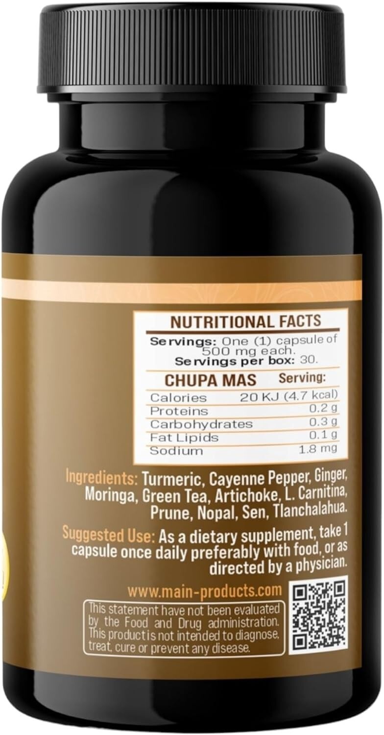 Chupa Mas 30 Capsules Ginger, Green Tea, Prune, Artichoke, 500 mg Casules