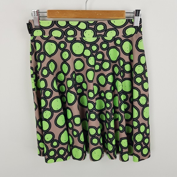 Exotica Womens Size M 12-14 Beige Green Print Circle Skirt Stretch