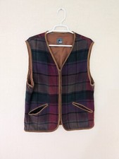 Vintage Liz Wear Plaid Autumn Fall Wool Vest With Pockets Suede Leather Trim