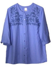 BLAIR BLOUSE ladies size L medium blue dark blue embroidery 3/4 sleeve