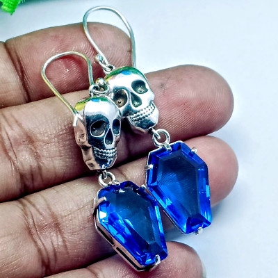 Skull Coffin Handmade Earring, Blue Topaz Gemstone 925 Sterling Silver Earring.