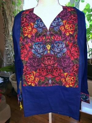 Maya Mexican Blouse Top Shirt Embroidered Cross Stitch Chiapas Large Blue N4
