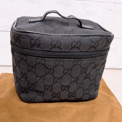 GUCCI GG Vanity Hand Bag Ziplock Leather Canvas Black Silver Hardware From Japan