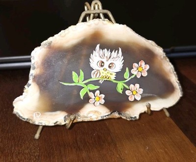 Vintage Andy & Peggy Anderson Studios Owl Painting on Slice Agate W/Stand