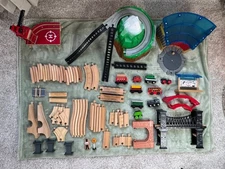 Large Wooden Train City Lot, With Cars, Vehicles, Trees And Brio Tracks.