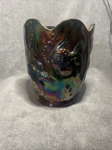 FENTON AMETHYST CARNIVAL GLASS ATLANTIS KOI FISH GOLDFISH VASE 70s