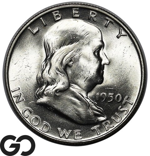 1950-D Franklin Half Dollar, Full Bell Lines,Nice, Choice Brilliant Unc++ FBL