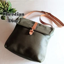 Christian Dior Vintage Leather Shoulder Bag Olive Green Brown Unisex Authentic