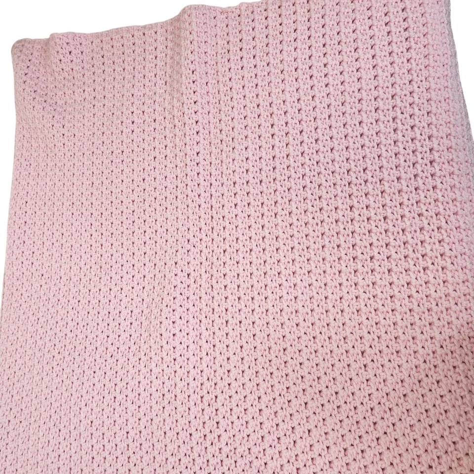 Handmade Light Pink Cable Knit Crochet Baby Blanket Throw Wrap 35"x34" Square - Image 3 of 4
