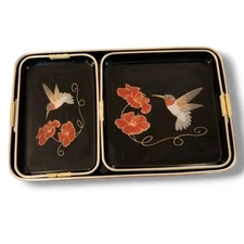 Heyco Lacquerware Tray Set 1960s Red Hibiscus Hummingbird 3pc Vintage