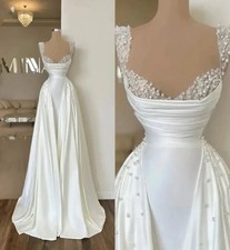 Satin Mermaid Wedding Dresses Pearls Beaded Pleated Backless V Neck Bridal Gowns