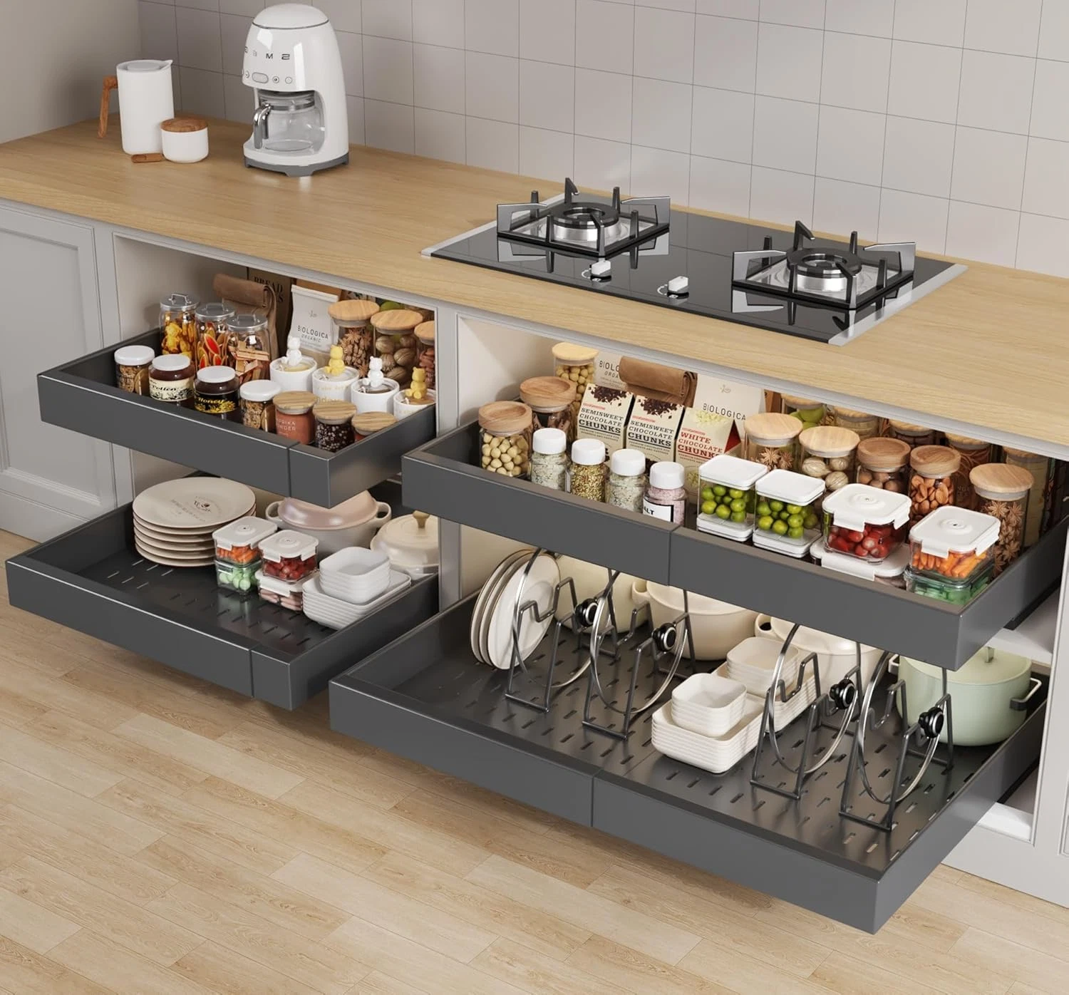 Expandable 4-Pack Kitchen Cabinet Organizer with Dividers for Smart Storage