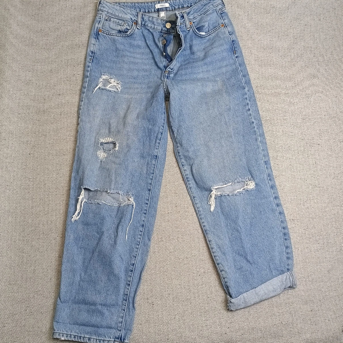Jeans Forever 21 Distressed Pierna Ancha Mujer 28 Azul Excelente Algodón Rasgado
