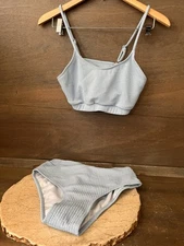 2pc Bikini Swim Set Bathing Suit High-Cut Cheeky Blue SIZE MEDIUM RIBBED