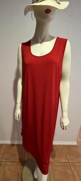 Red Sleeveless Slip On Dress/Stretchy Fabric/Side Split SizeXS + TS GC