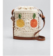 $395 Staud Anita Leather Trimed Fruit Crochet Bucket Bag New