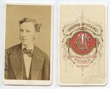 MAN W/ SUIT + TIE, PITTSBURG, CDV PORTRAIT BY TREVOR, COLOR GRAPHIC BACK