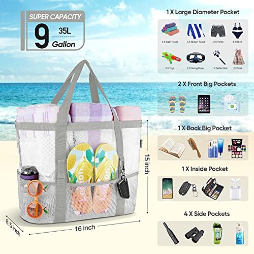 Large Beach Bag Pool Bags Mesh Beach Tote For Toys Towel Flip Flops White - Picture 2 of 6