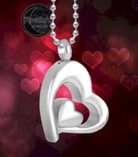 New Two Hearts Cremation Heart Urn Keepsake Ash Silver Memorial Necklace