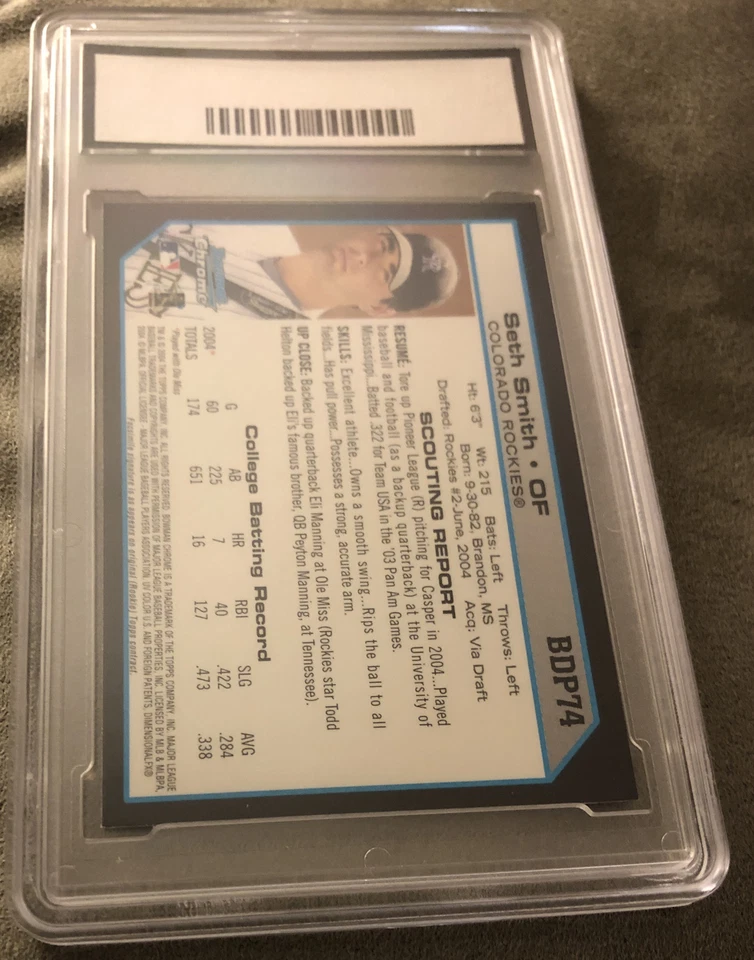 2004 年 Bowman Chrome Seth Smith 新秀 #BDP74 Rockies 评级 GMA Gem MT 10 — 第 2/2 张图片