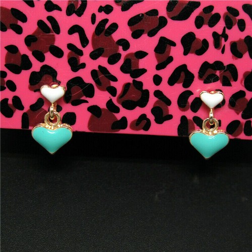 Cute New Tiny Baby Girls Gold Aqua Enamel Double Heart Stud 1st Dangle Earrings