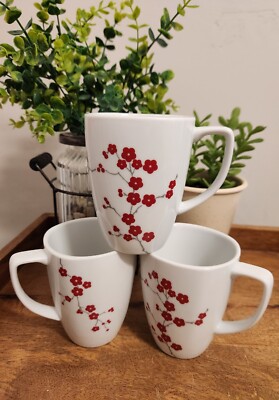 7pc CORELLE Square Hanami Gardens 3 DINNER PLATES,1 Bowl, 3 Coffee Mugs 12oz EUC