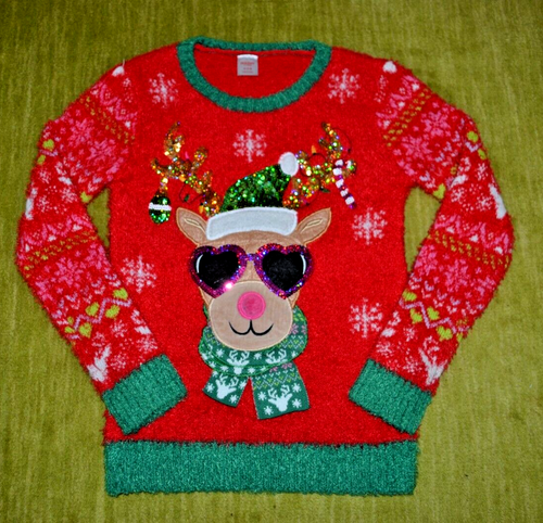 Holiday Time Christmas Sweater Kids Medium 7-8 Red Reindeer Sunglasses Santa Hat