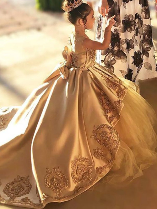 Ball Gown Long Sleeve Floor Length Tulle Applique With Back Bow