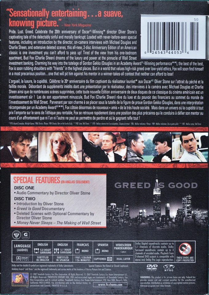 Wall Street DVD 2-Disc Set 1987 -Michael Douglas 20th Anniversary Ed. - Sealed - Image 2 of 2