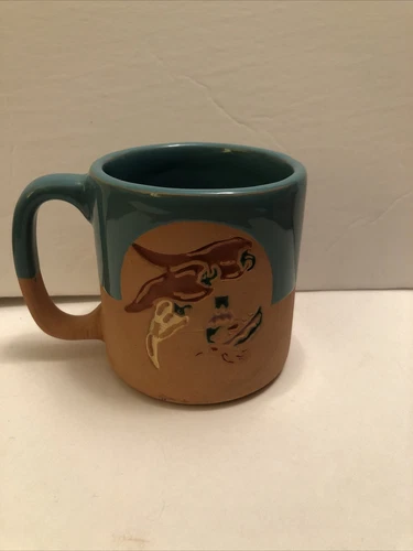 Vintage Art pottery coffee mug, Southwest Pepper Theme Teal & clay Artist Signed