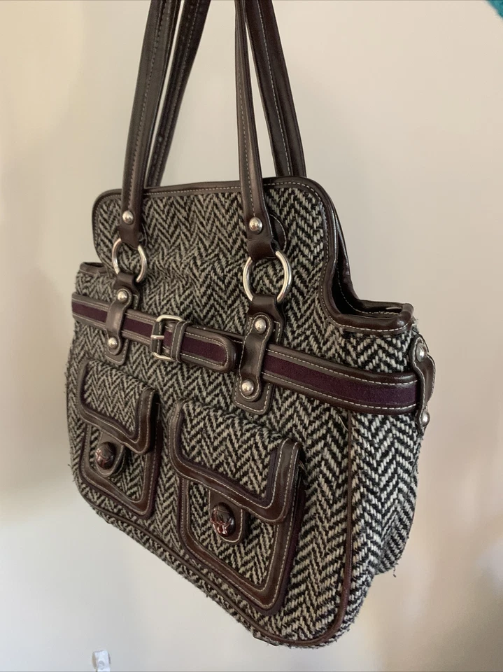 Bolsa de mão Apt 9 preta branca lã espinha de peixe marrom roxo acabamento outono - Imagem 2 de 4